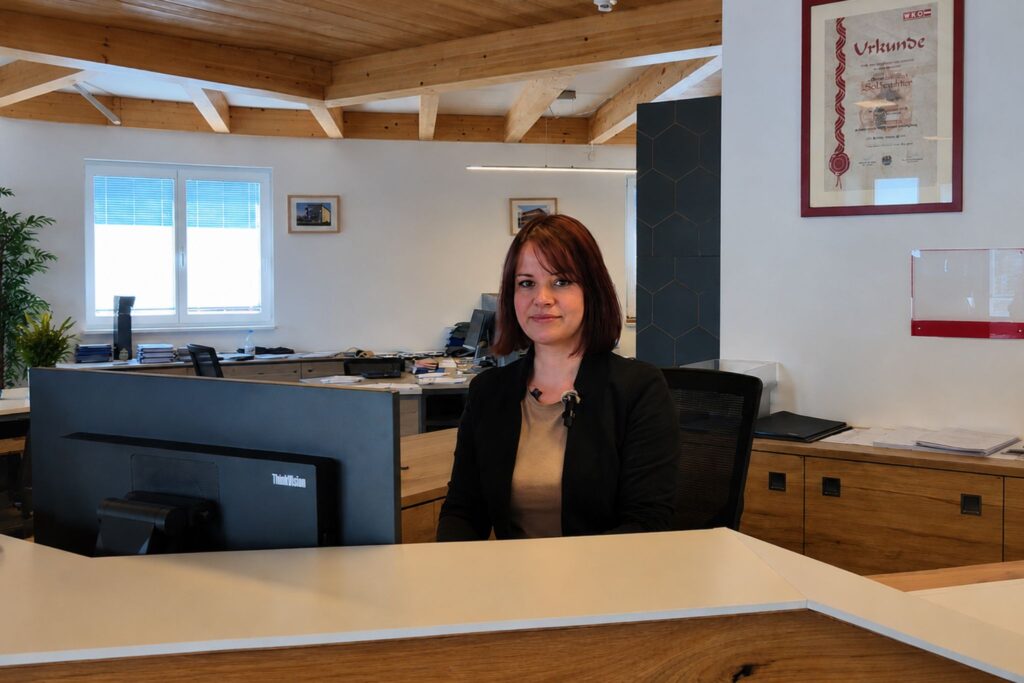 Backoffice-Mitarbeiterin am Empfang von Holzbau Salbrechter in Althofen. Freundlicher Büroarbeitsplatz im modernen Familienbetrieb in Kärnten.